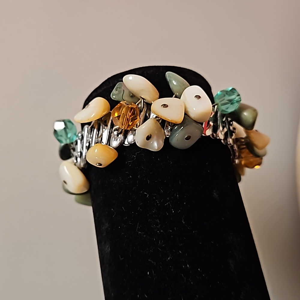 Cha cha bracelet stretchy silver tone  multi-colored crystals and stones